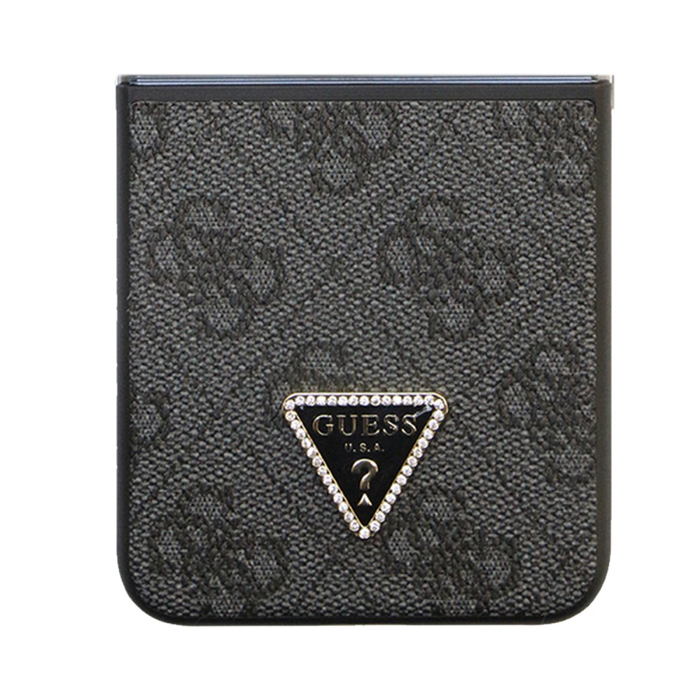 Coque Samsung Galaxy Z Flip5 - Guess monogramme similicuir logo métal et strass - Noir