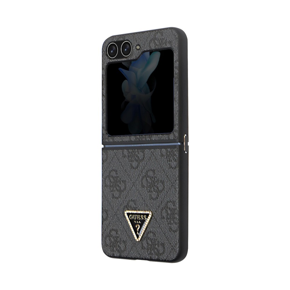 Coque Samsung Galaxy Z Flip5 - Guess monogramme similicuir logo métal et strass - Noir