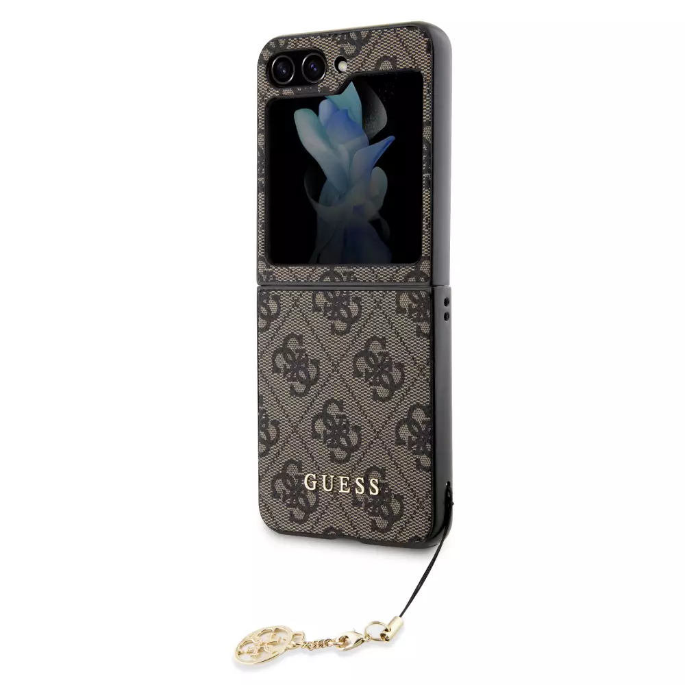 Samsung Galaxy Z Flip5 Case Hülle - Guess Leinwand Kunstleder Monogramm goldenen Metall-Logo mit Charm Anhänger - Braun