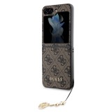 Coque Samsung Galaxy Z Flip5 - Guess toile similicuir monogramme logo métallique doré avec pendentif charm - Brun