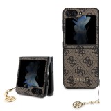 Coque Samsung Galaxy Z Flip5 - Guess toile similicuir monogramme logo métallique doré avec pendentif charm - Brun