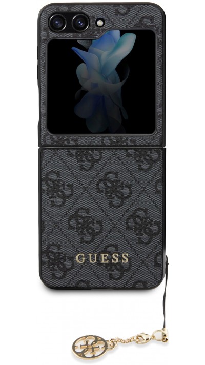 Coque Samsung Galaxy Z Flip5 - Guess toile similicuir monogramme logo métallique doré avec pendentif charm - Noir