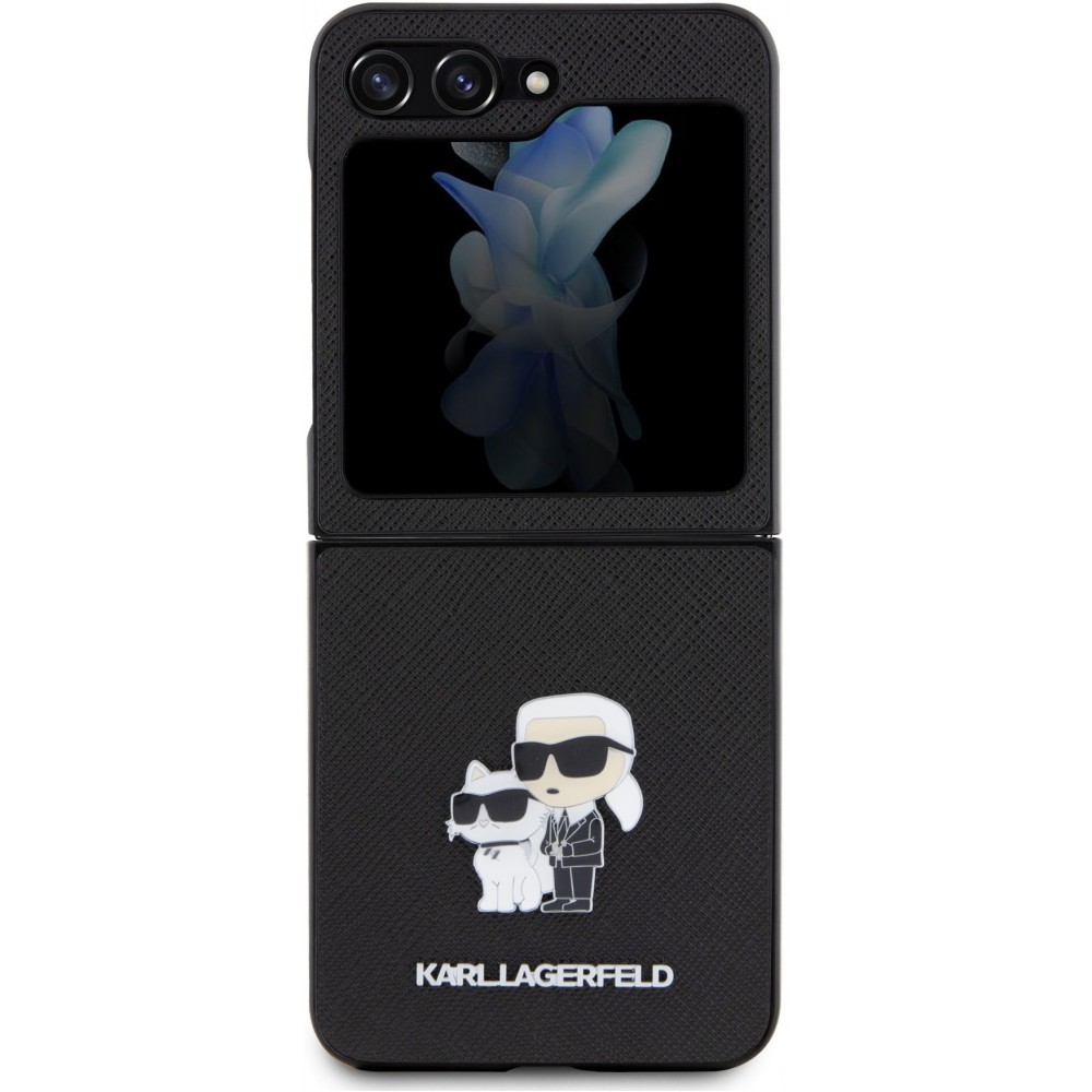 Coque Samsung Galaxy Z Flip5 - Karl Lagerfeld et Choupette similicuir saffiano avec logo métallique 3D - Noir