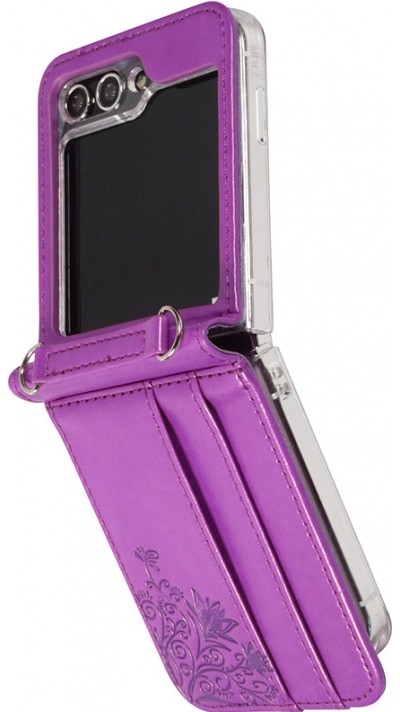 Coque Samsung Galaxy Z Flip5 - Similicuir élégant avec fleur impregnée - Violet