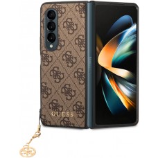Coque Samsung Galaxy Z Fold4 - Guess toile similicuir monogramme logo métallique doré avec pendentif charm - Brun