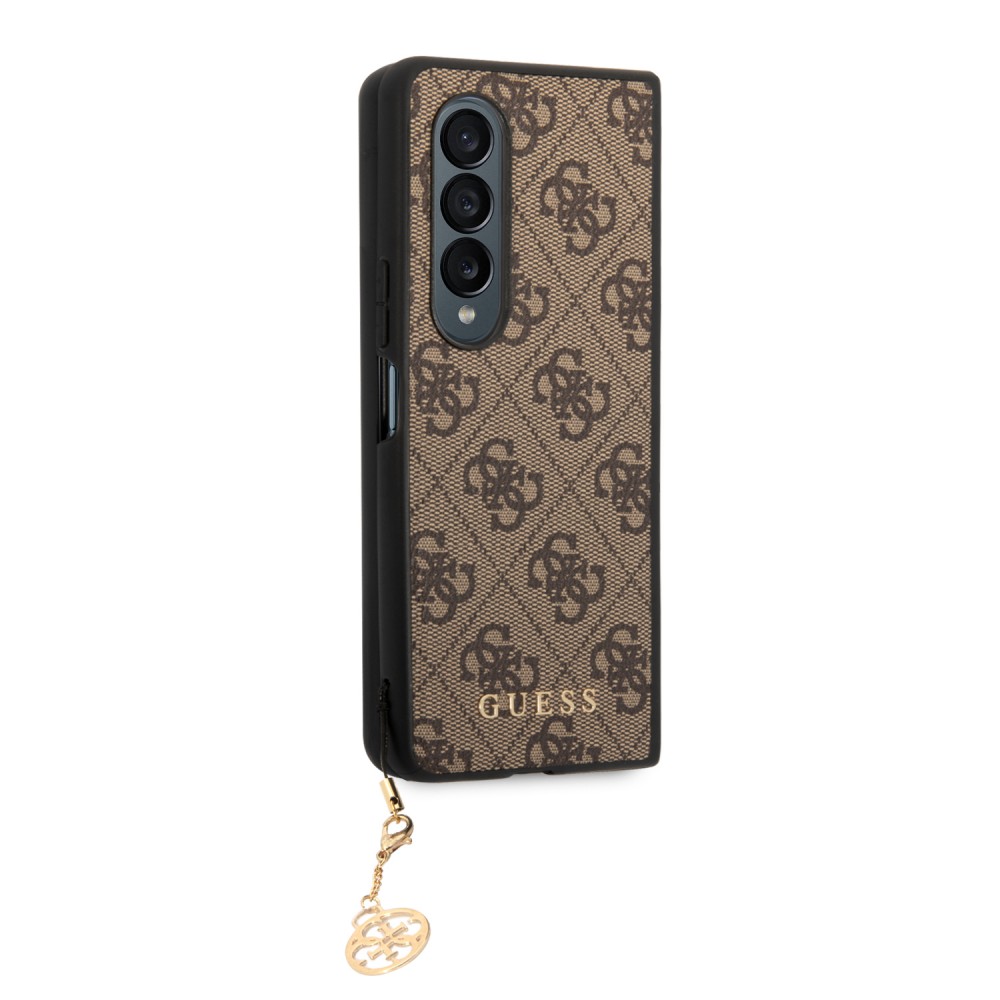Coque Samsung Galaxy Z Fold4 - Guess toile similicuir monogramme logo métallique doré avec pendentif charm - Brun