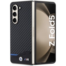 Coque Samsung Galaxy Z Fold5 - BMW M effet carbone et cuir avec logo métallique en relief - Noir