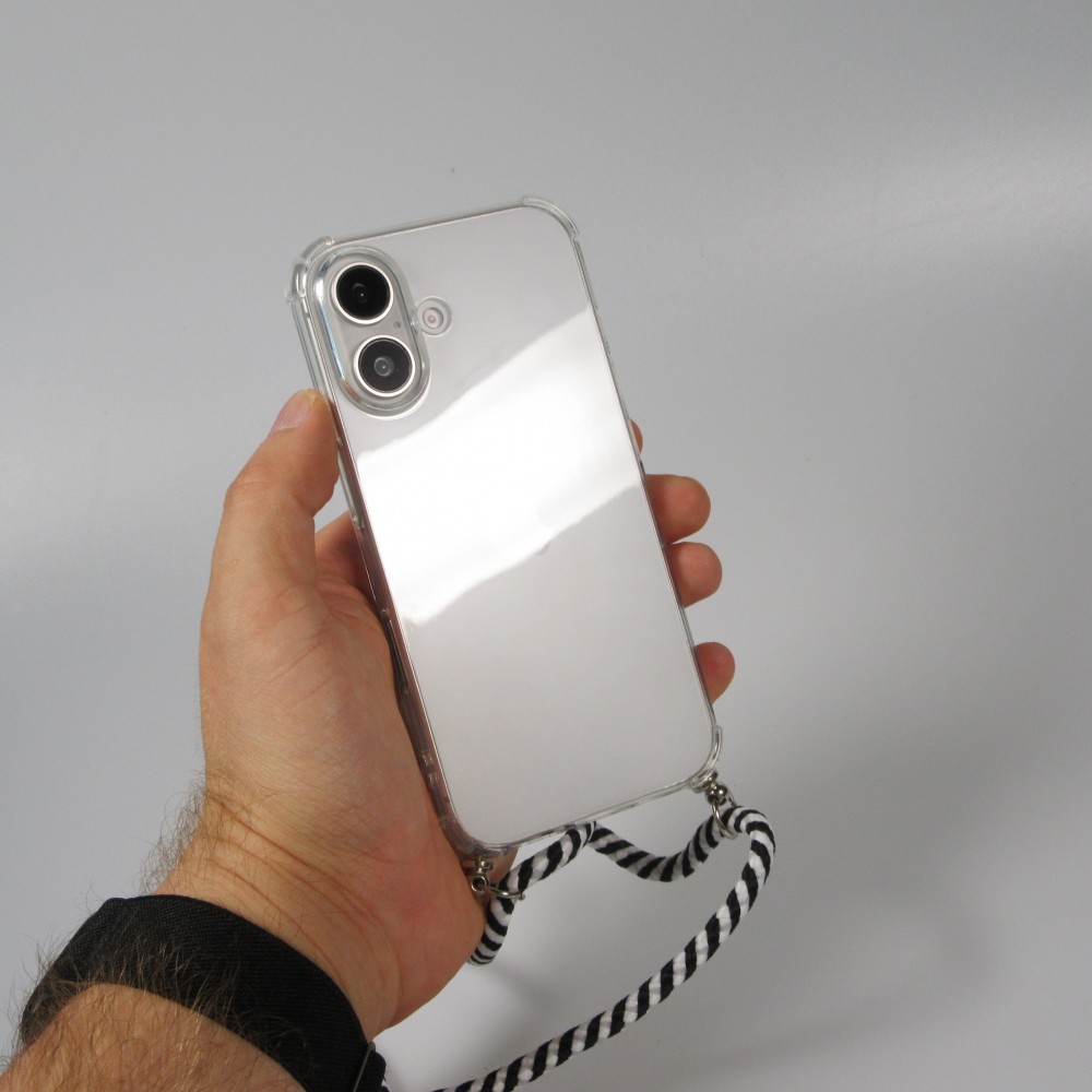 Coque Samsung iPhone 16 - Gel transparent avec lacet - Blanc / noir