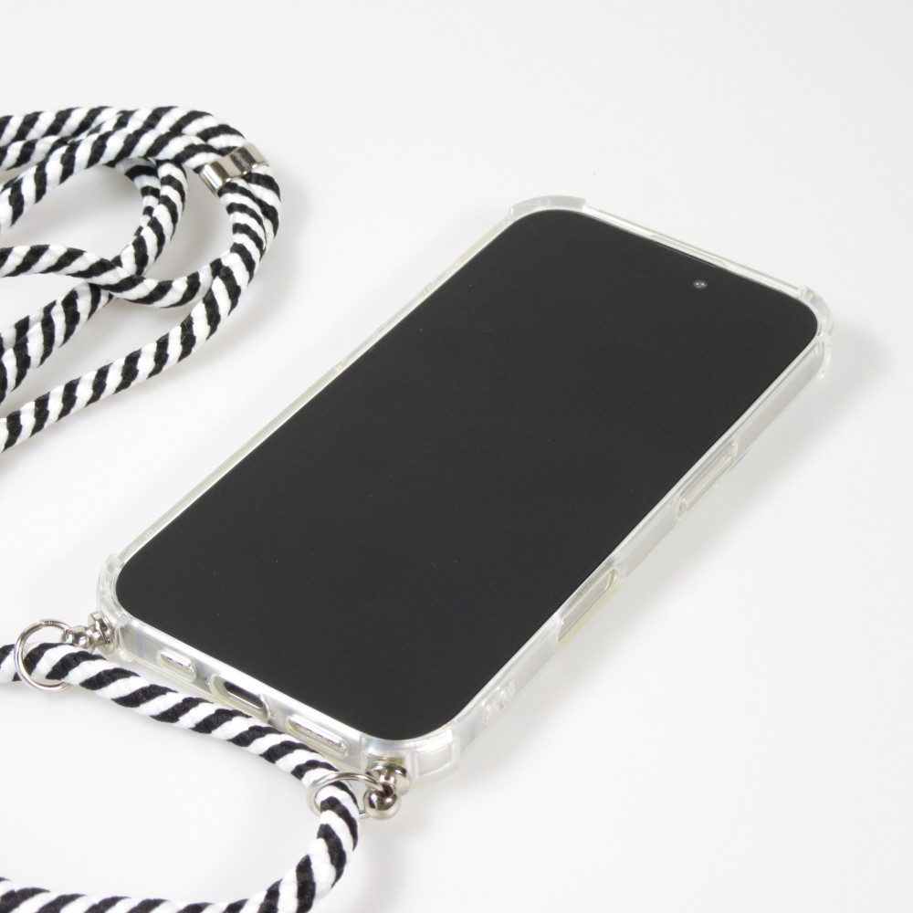 Coque Samsung iPhone 16 - Gel transparent avec lacet - Blanc / noir
