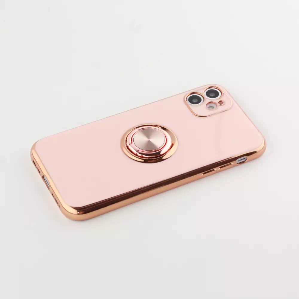 Hülle iPhone 12 - Gummi Bronze mit Ring - Rosa