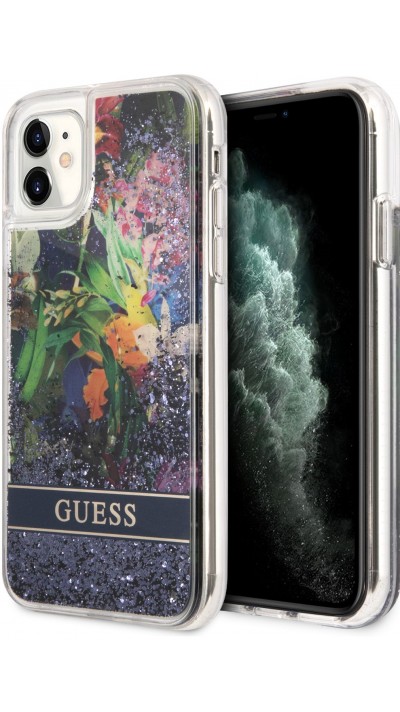 Coque iPhone 11 - Guess liquide avec paillettes bleues flottantes et fond fleurs tropicales