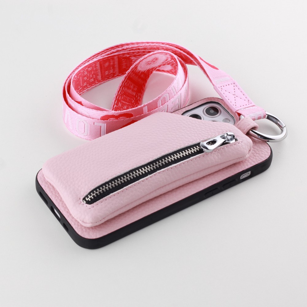 Coque iPhone 12 Pro Max - Wallet Poche avec cordon  - Rose