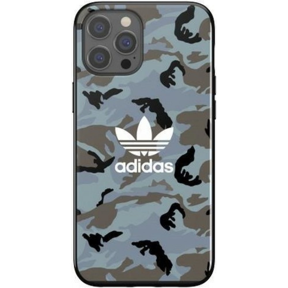 Coque iPhone 12 Pro Max - Adidas gel laqué camouflage avec logo blanc imprimé - Bleu gris