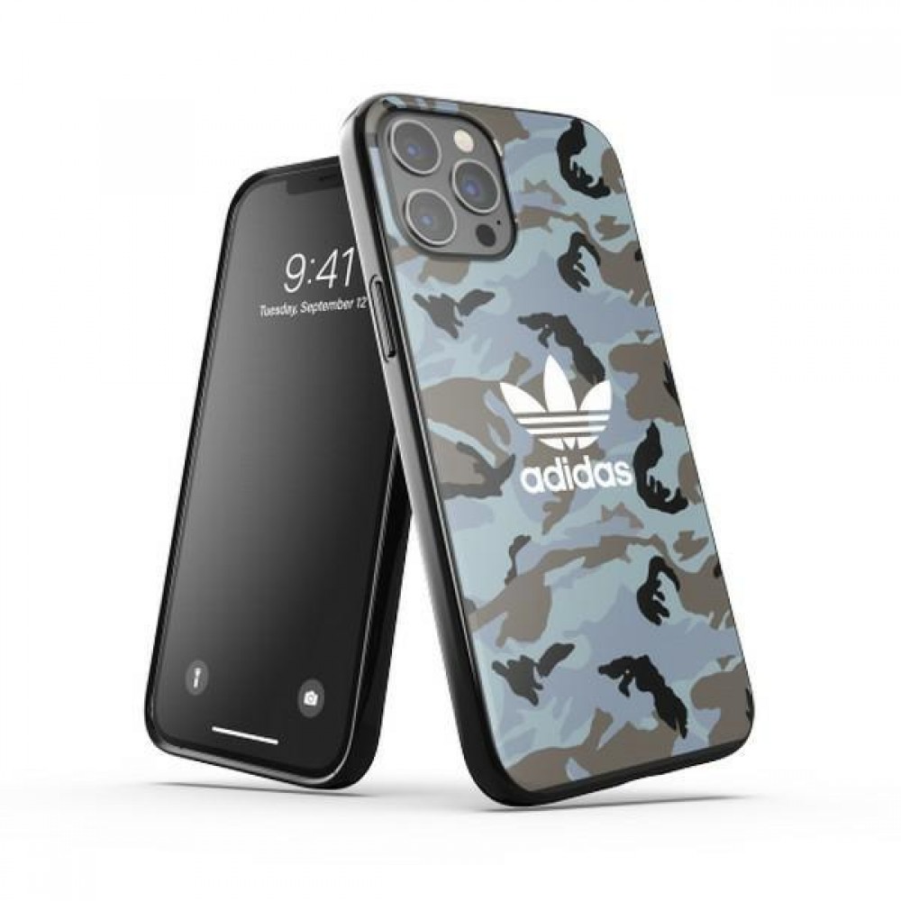 Coque iPhone 12 Pro Max - Adidas gel laqué camouflage avec logo blanc imprimé - Bleu gris