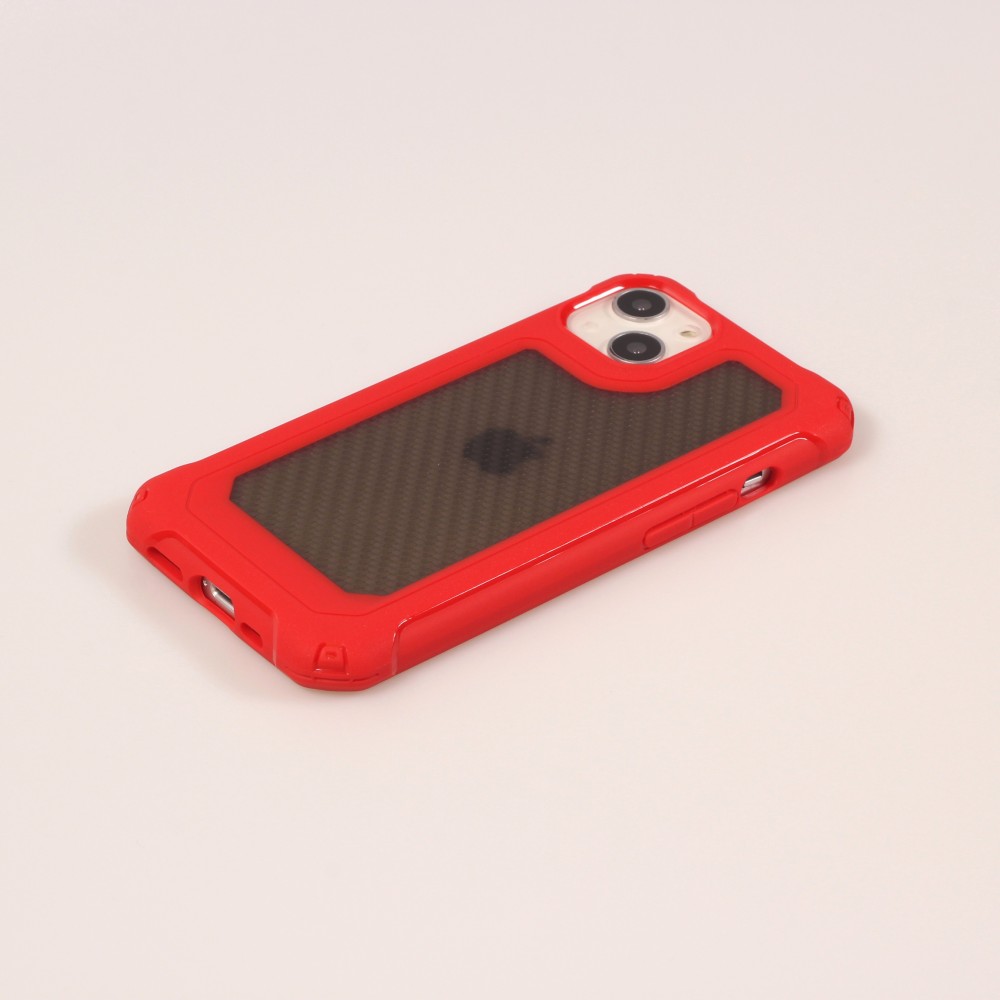 Coque iPhone 14 - Cover Military Élite avec dos en carbone semi-transparent - Rouge