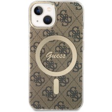 Coque iPhone 15 - Guess monogramme laqué avec MagSafe doré - Brun