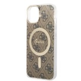 Coque iPhone 15 - Guess monogramme laqué avec MagSafe doré - Brun