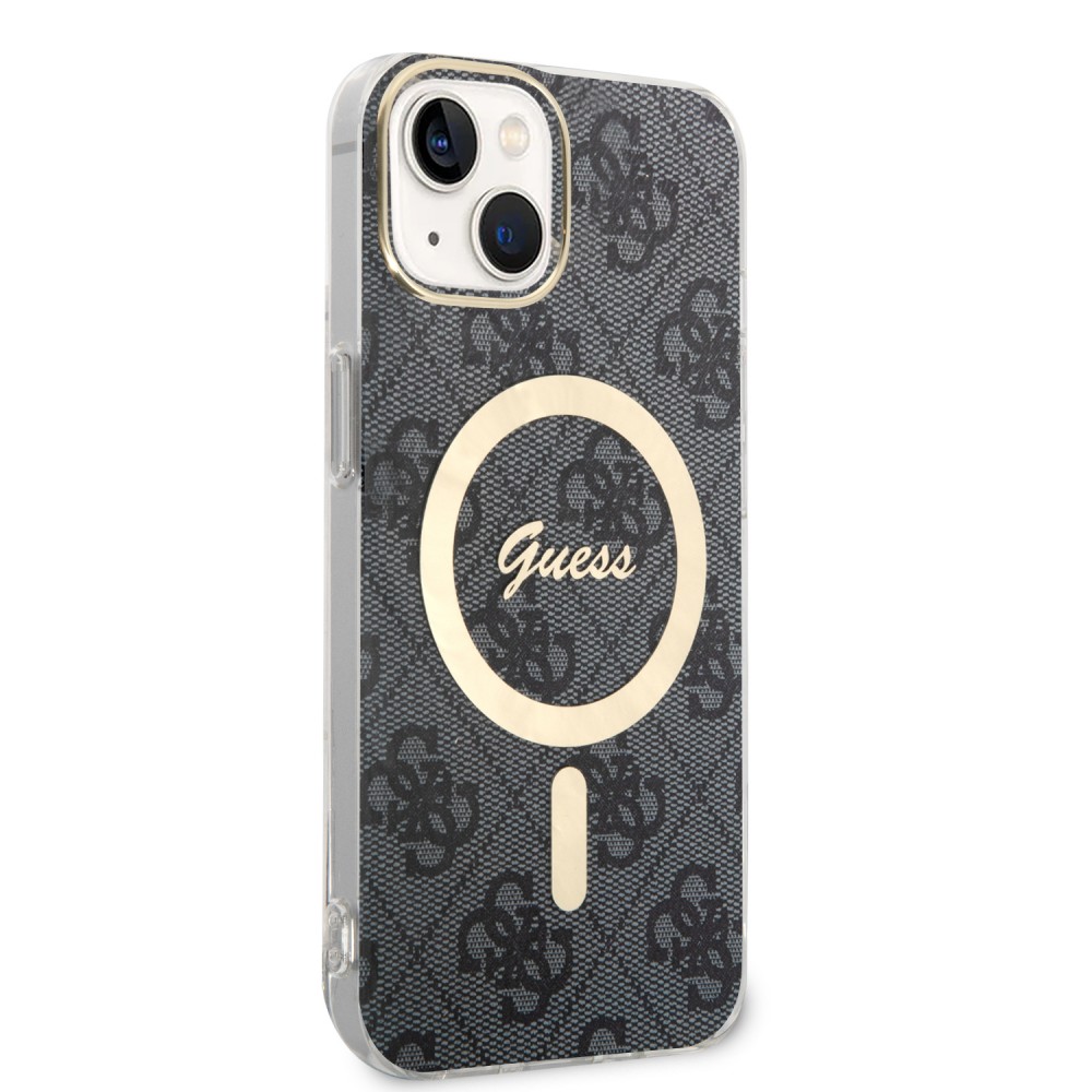 iPhone 15 Case Hülle - Guess Monogramm lackiert mit goldenem MagSafe - Grau