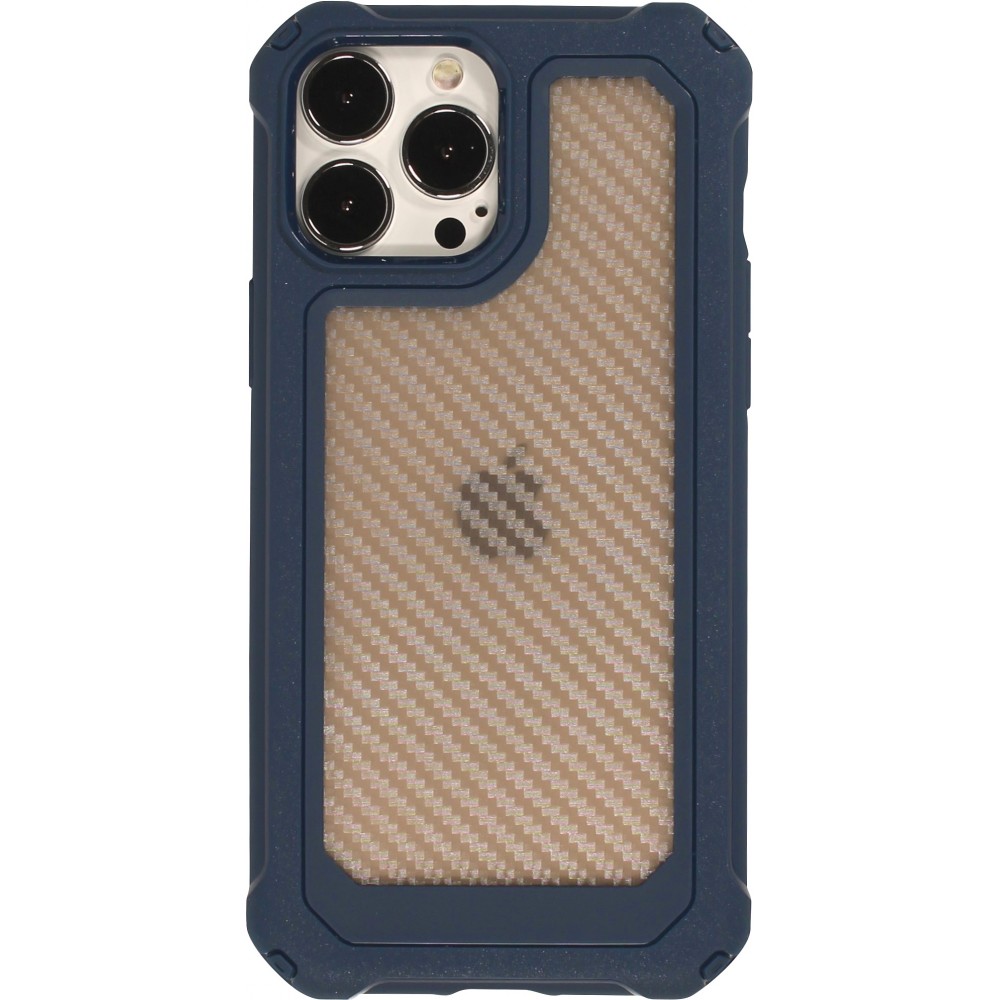 Coque iPhone 14 Pro Max - Cover Military Élite avec dos en carbone semi-transparent - Bleu foncé