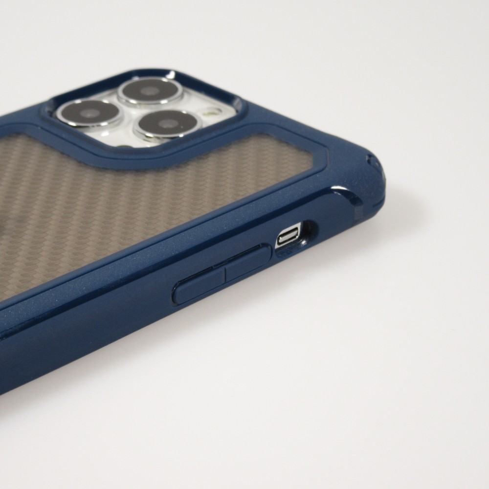 Coque iPhone 14 Pro Max - Cover Military Élite avec dos en carbone semi-transparent - Bleu foncé