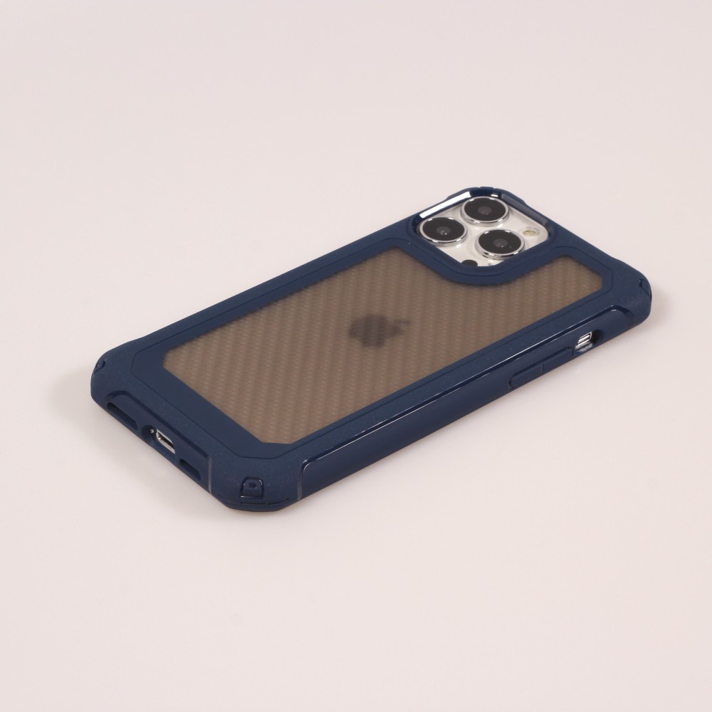 Coque iPhone 14 Pro Max - Cover Military Élite avec dos en carbone semi-transparent - Bleu foncé