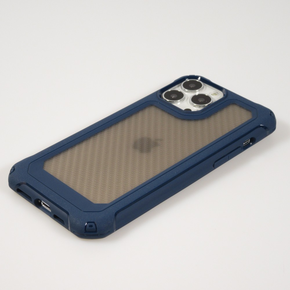 Coque iPhone 14 Pro Max - Cover Military Élite avec dos en carbone semi-transparent - Bleu foncé