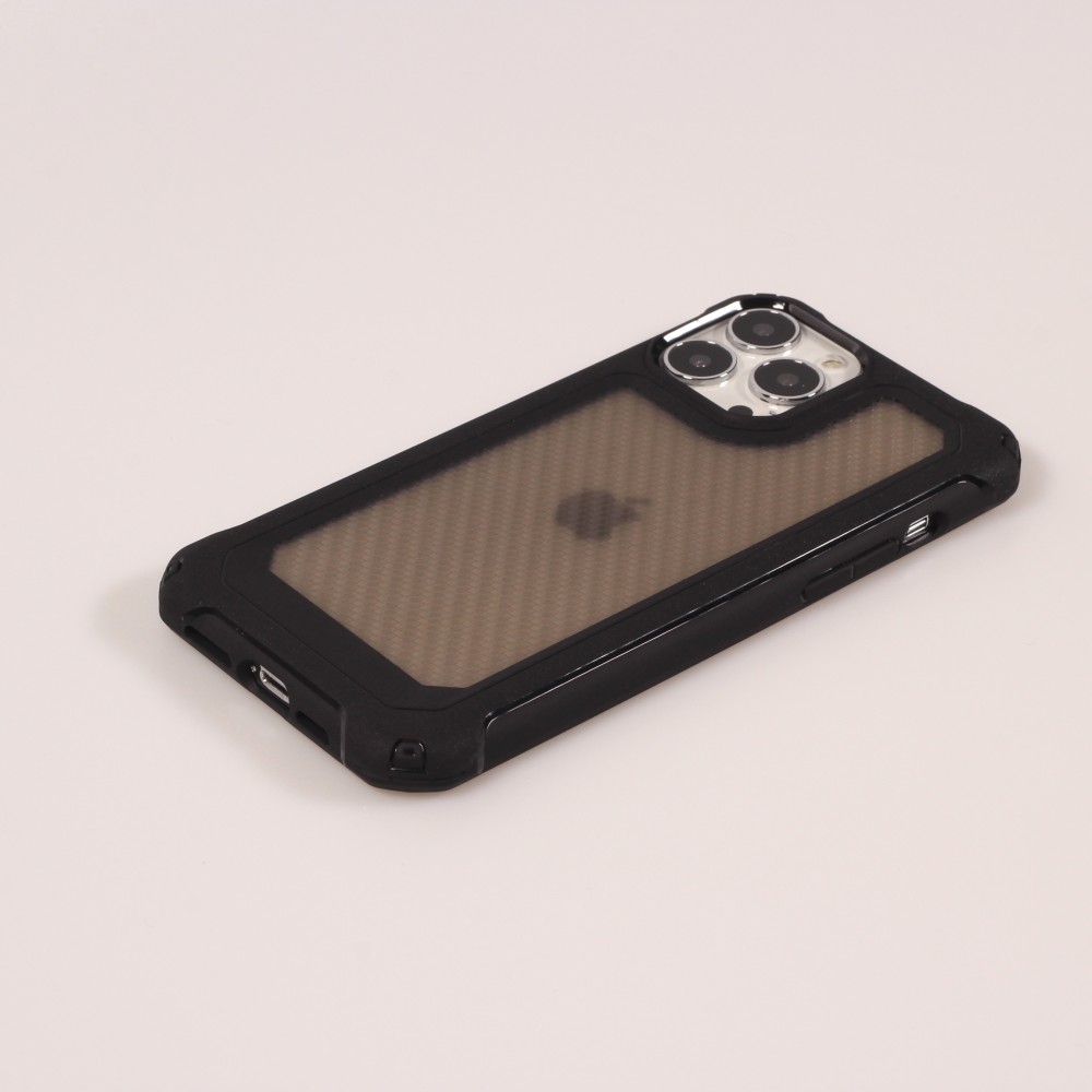 Coque iPhone 14 Pro - Cover Military Élite avec dos en carbone semi-transparent - Noir