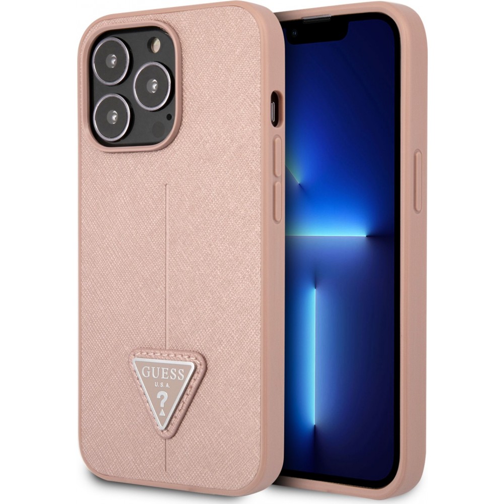 iPhone 13 Pro Case Hülle - Guess aus rosem Kunstleder mit Dreieckslogo aus Metall - Rosa