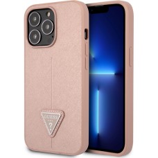 iPhone 13 Pro Case Hülle - Guess aus rosem Kunstleder mit Dreieckslogo aus Metall - Rosa