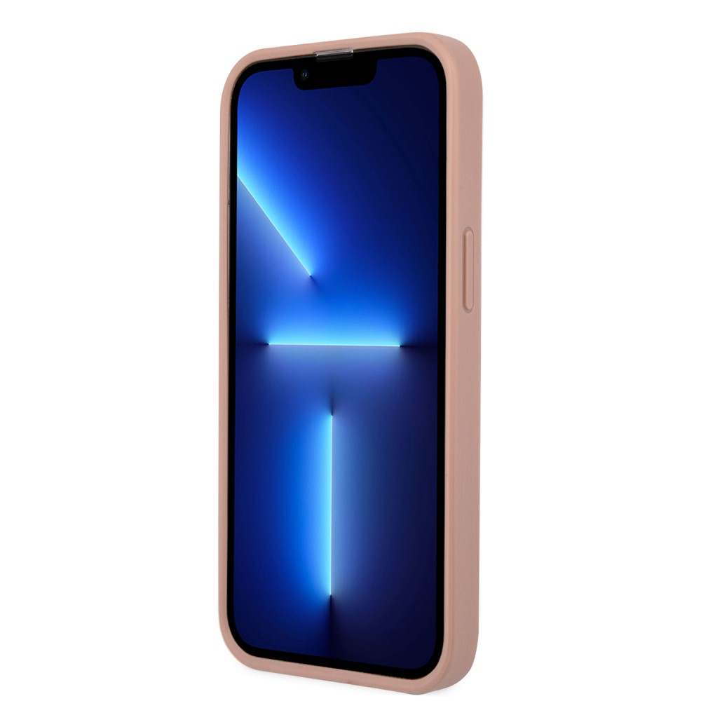 iPhone 13 Pro Case Hülle - Guess aus rosem Kunstleder mit Dreieckslogo aus Metall - Rosa