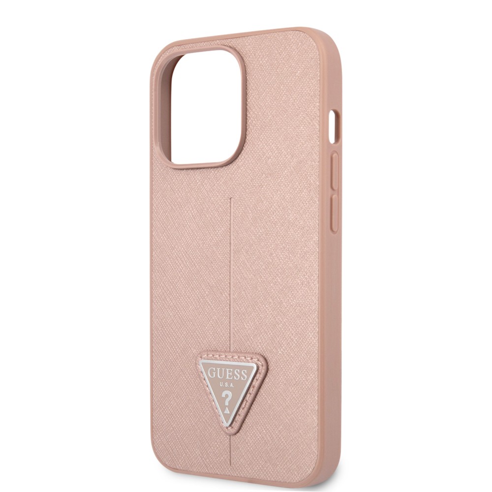 iPhone 13 Pro Case Hülle - Guess aus rosem Kunstleder mit Dreieckslogo aus Metall - Rosa