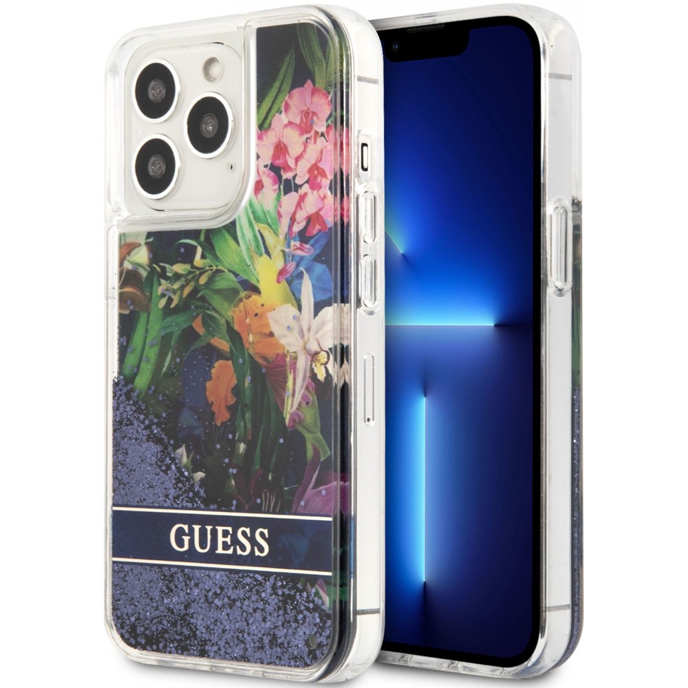 Coque iPhone 13 Pro - Guess liquide avec paillettes bleues flottantes et fond fleurs tropicales