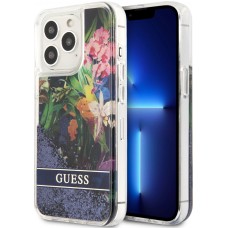 Coque iPhone 13 Pro - Guess liquide avec paillettes bleues flottantes et fond fleurs tropicales