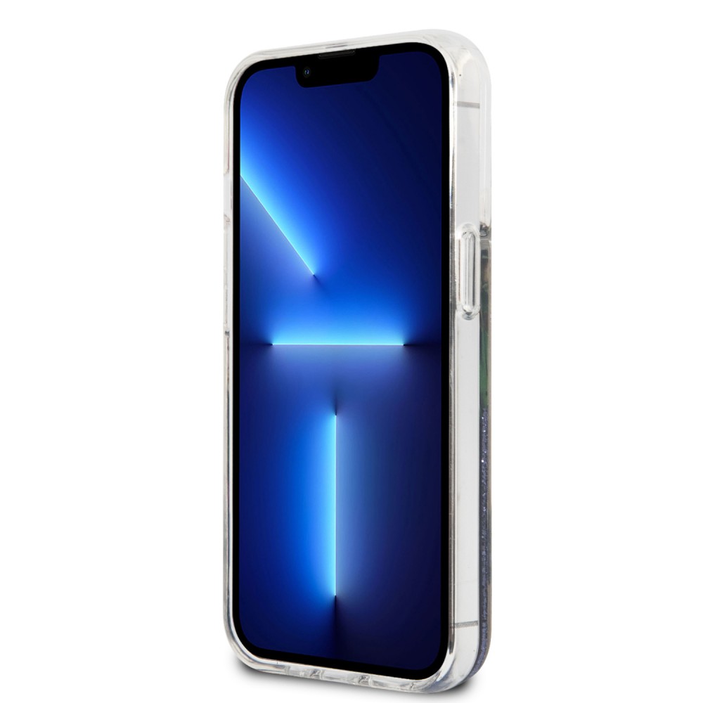 Coque iPhone 13 Pro - Guess liquide avec paillettes bleues flottantes et fond fleurs tropicales