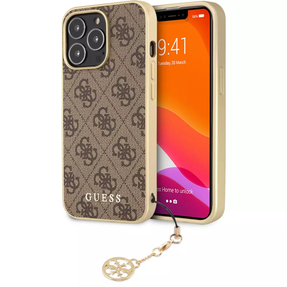 iPhone 12 / 12 Pro Case Hülle - Guess Leinwand Kunstleder Monogramm goldenen Metall-Logo mit Charm Anhänger - Braun / gold