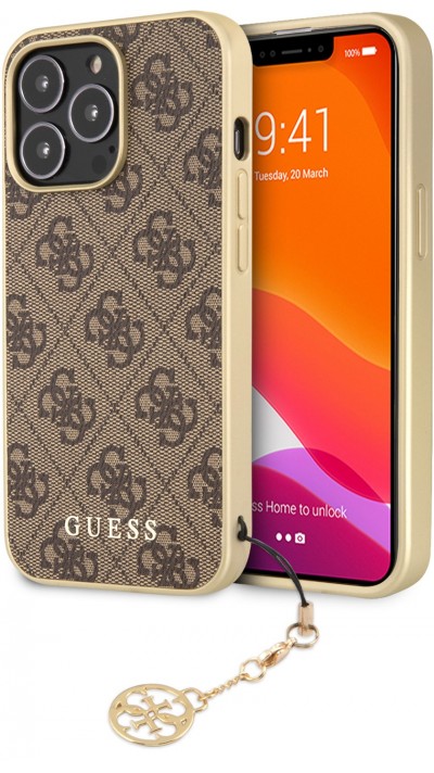 iPhone 11 Case Hülle - Guess Leinwand Kunstleder Monogramm goldenen Metall-Logo mit Charm Anhänger - Braun / gold