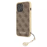 iPhone 12 / 12 Pro Case Hülle - Guess Leinwand Kunstleder Monogramm goldenen Metall-Logo mit Charm Anhänger - Braun / gold