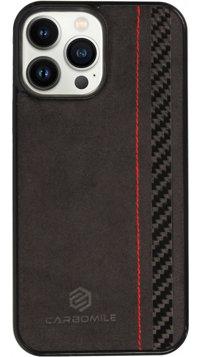 iPhone 15 Pro Max Case Hülle - Carbomile Alcantara und Carbon mit roten Nähten (MagSafe kompatibel)