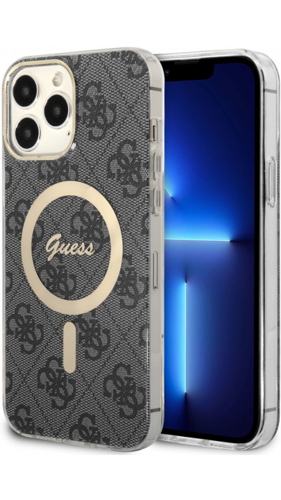 Coque iPhone 14 Pro Max - Guess monogramme laqué avec MagSafe doré - Gris