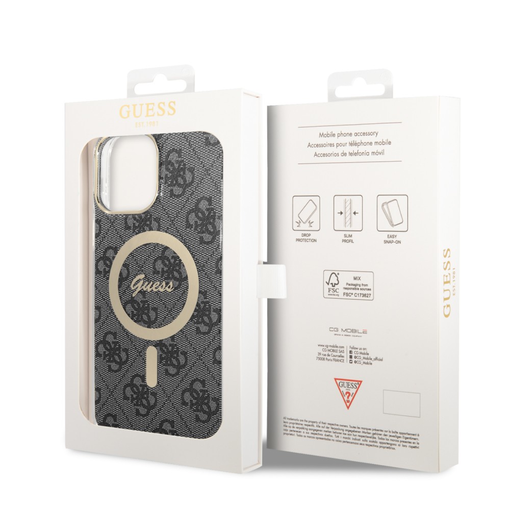 Coque iPhone 13 Pro Max - Guess monogramme laqué avec MagSafe doré - Gris