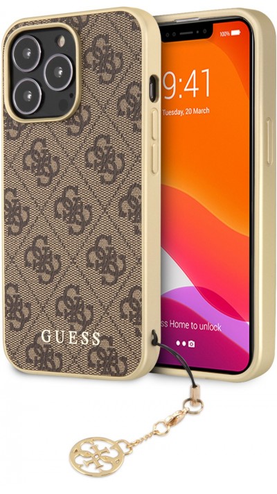 Coque iPhone 13 Pro Max - Guess toile similicuir monogramme logo métallique doré avec pendentif charm - Brun / or