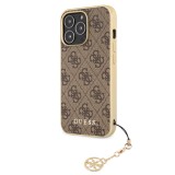 Coque iPhone 13 Pro Max - Guess toile similicuir monogramme logo métallique doré avec pendentif charm - Brun / or
