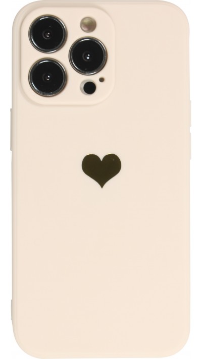 Coque iPhone 14 Pro - Silicone Mat Coeur doré - Beige