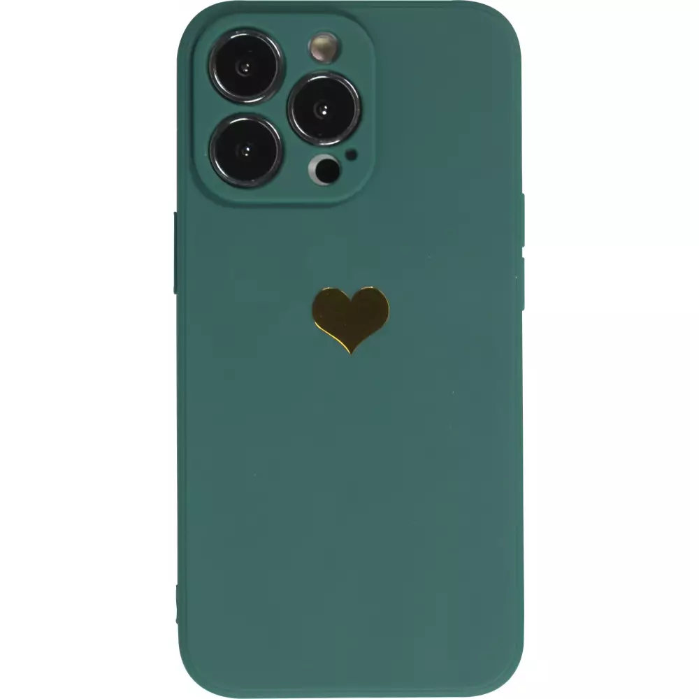 iPhone 16 Pro Case Hülle - Silikon Mat Herz gold - Dunkelgrün