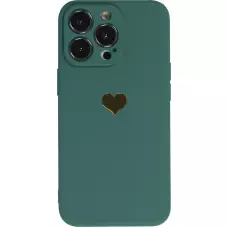 iPhone 16 Pro Case Hülle - Silikon Mat Herz gold - Dunkelgrün
