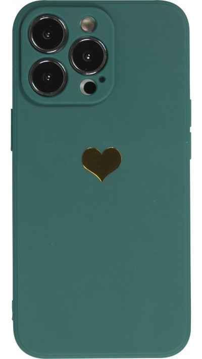 Coque iPhone 13 Pro - Silicone Mat Coeur doré - Vert foncé