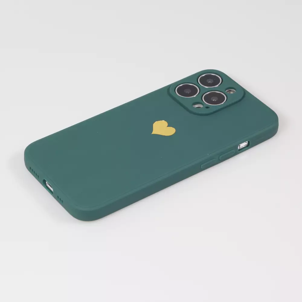 iPhone 16 Pro Case Hülle - Silikon Mat Herz gold - Dunkelgrün