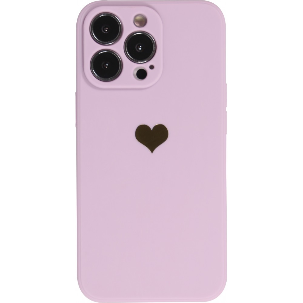 Coque iPhone 14 Pro Max - Silicone Mat Coeur doré - Violet