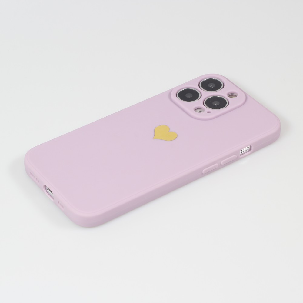 Coque iPhone 14 Pro Max - Silicone Mat Coeur doré - Violet