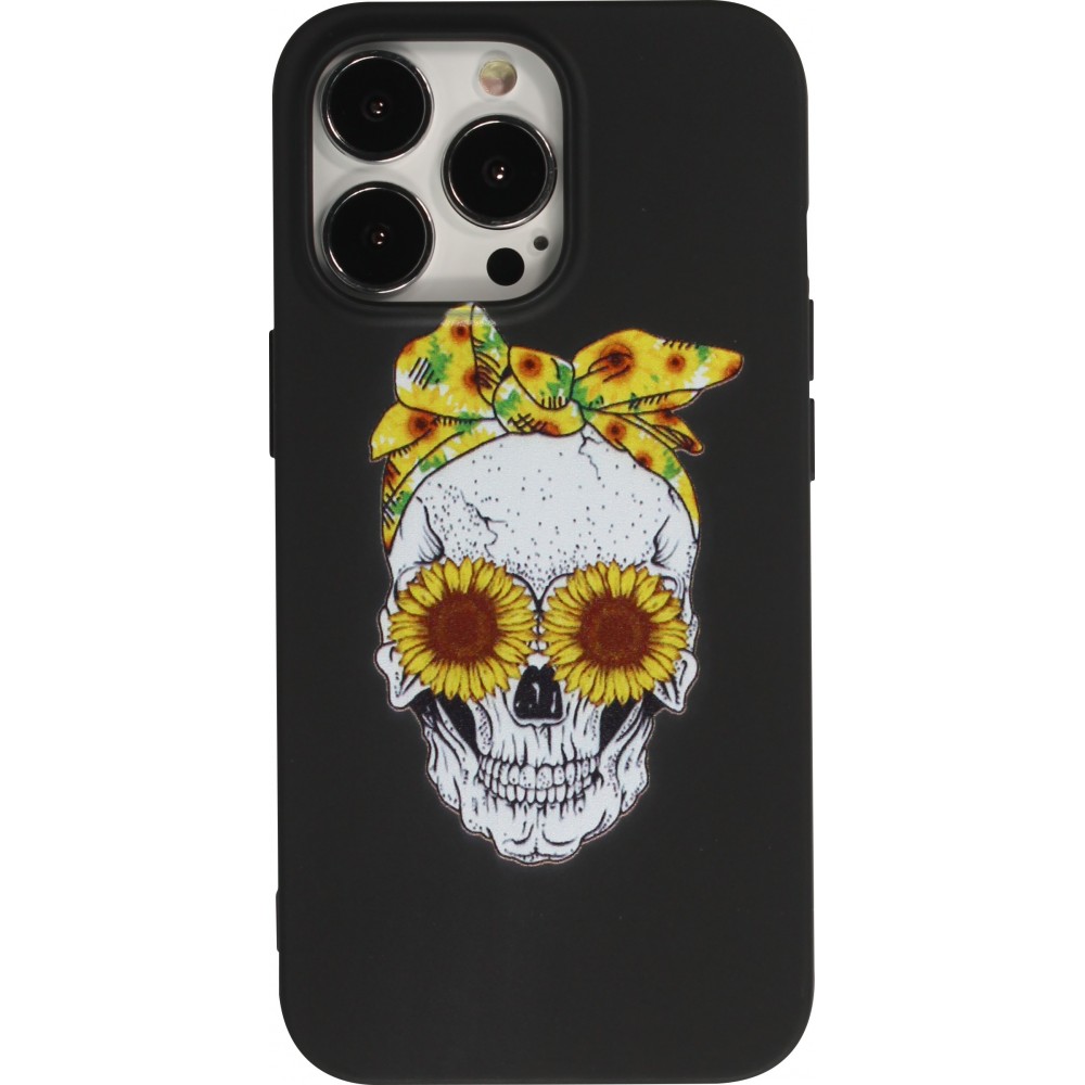 Coque iPhone 13 Pro - Silicone Mat Skull flowers - Noir